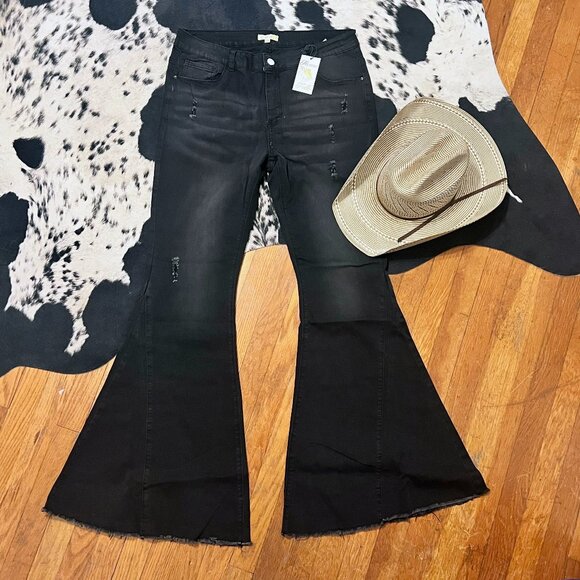 Bell Bottoms | Black Distressed Flare Jeans - Picture 1 of 5